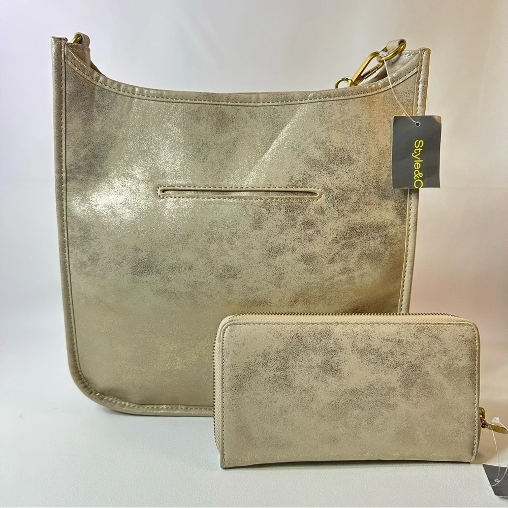 NEW Women’s Style & Co Metallic Gold Whipstitch Shoulder Bag and Zip Wallet - Picture 2 of 13